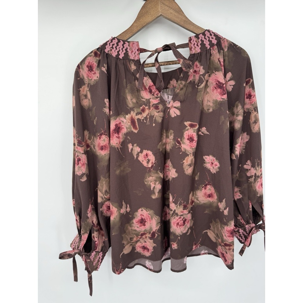 ENTRO Long Sleeve Floral Boho brown Blouse Forest Fairy‎ Ric Rack cottagecore M - Picture 4 of 11